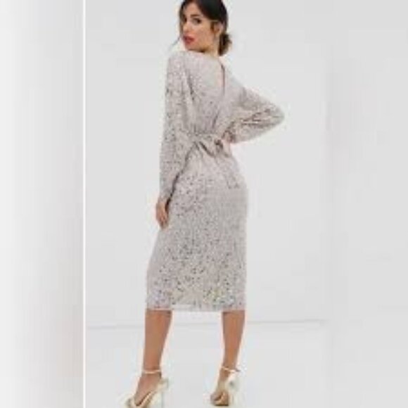 Nwt ASOS DESIGN Gold Scatter Sequin Batwing Sleeve Wrap Midi Dress Size 10 - Picture 2 of 14